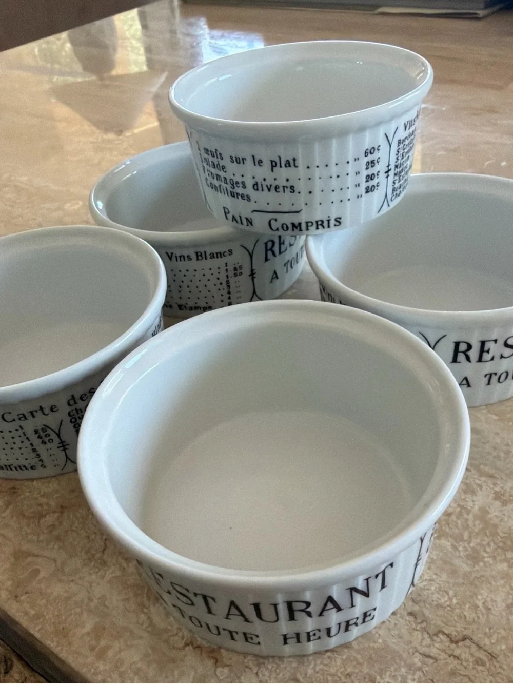 Pillivuyt France Brasserie Ceramic Ramekin Set of 5 Vintage Restaurant Motif